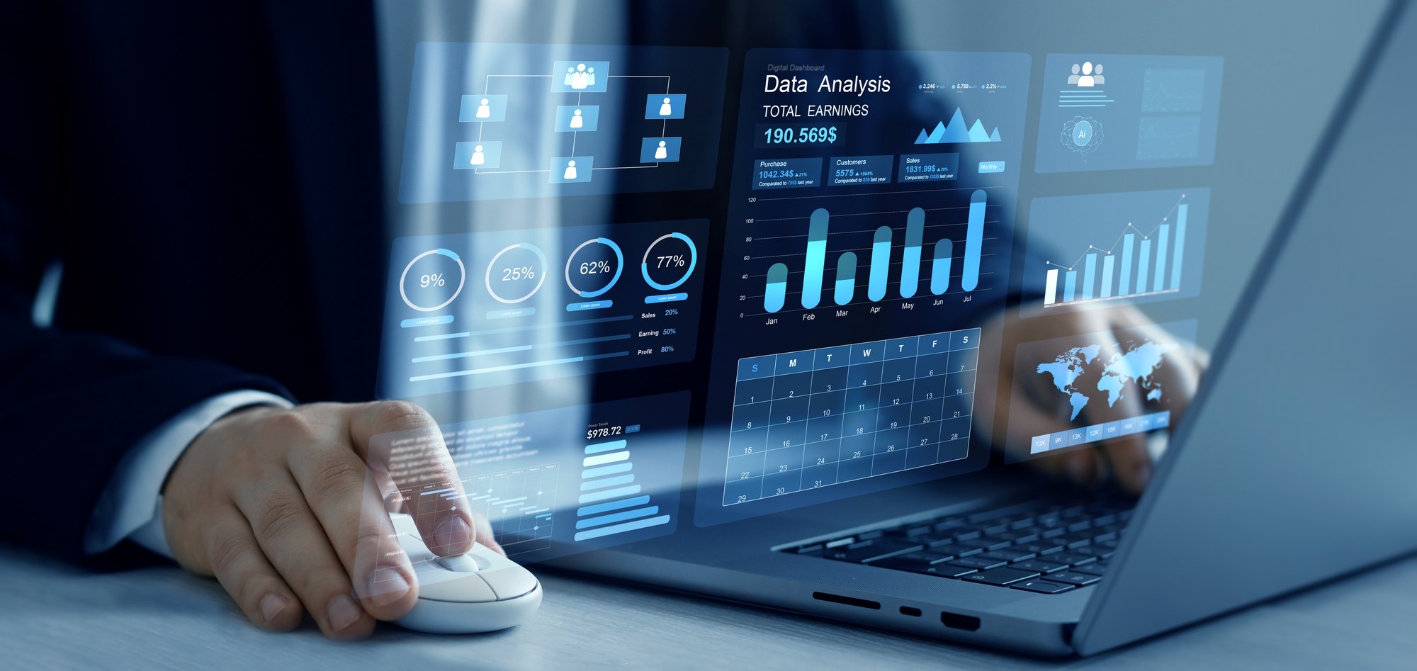 Computer with marketing dashboard portrayed in 3d